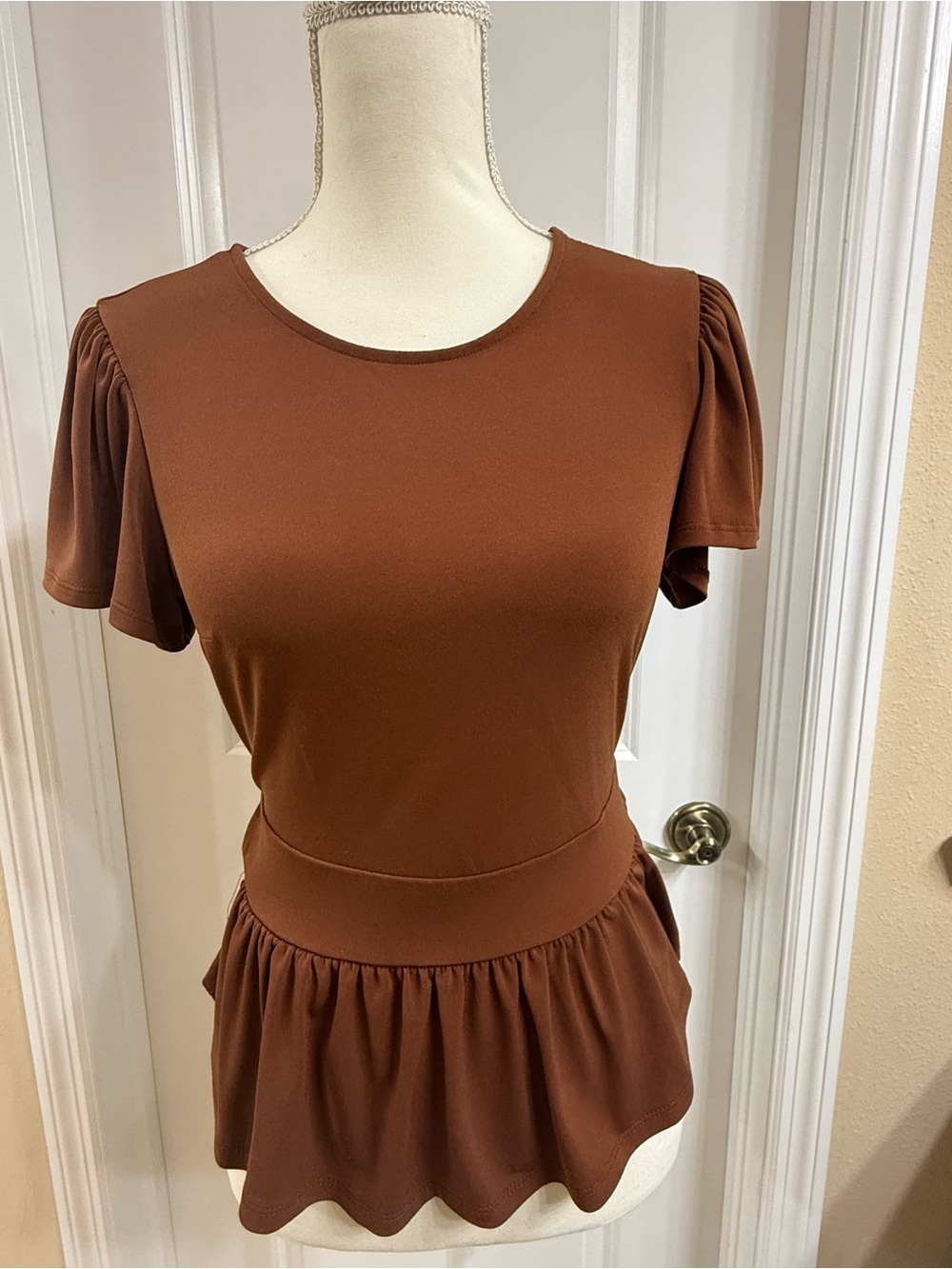 Brown Peplum Short-Sleeve Dress Top
